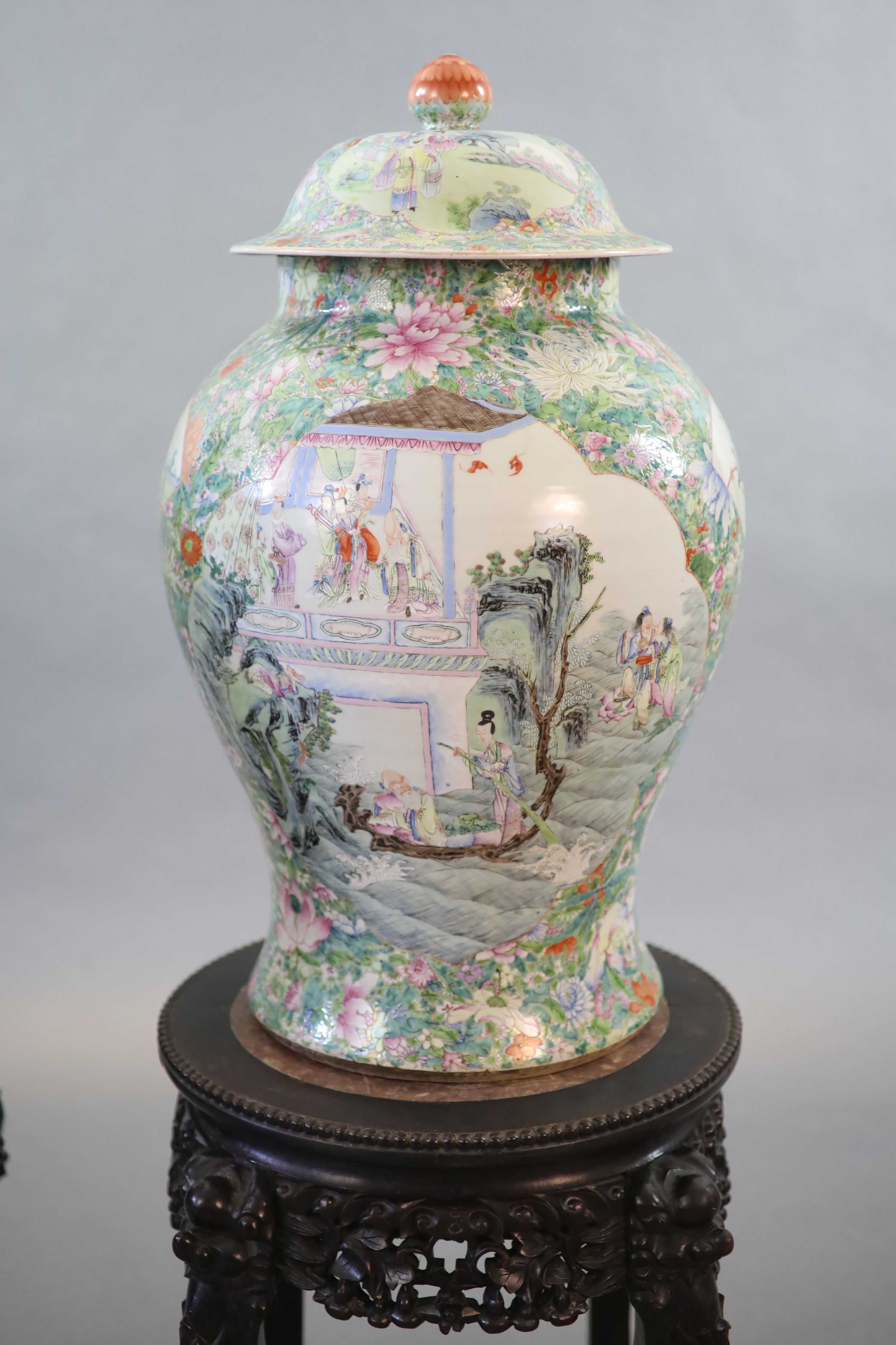 An impressive pair of Chinese famille rose ‘eight immortals’ vases and covers, late 19th century, Total height 113.5 cm including stands